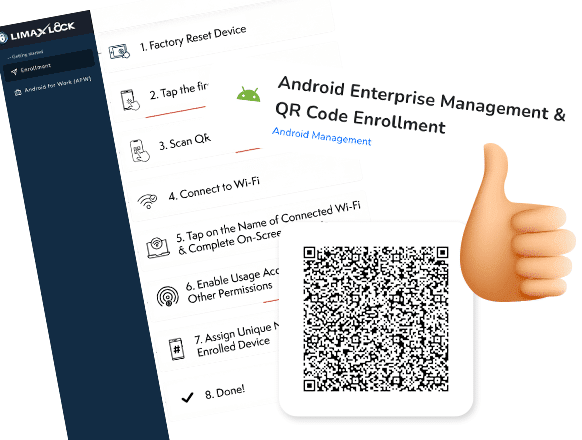 The LimaxLock enrollment guide listing the QR-code provisioning steps, next to the enrollment QR code.
