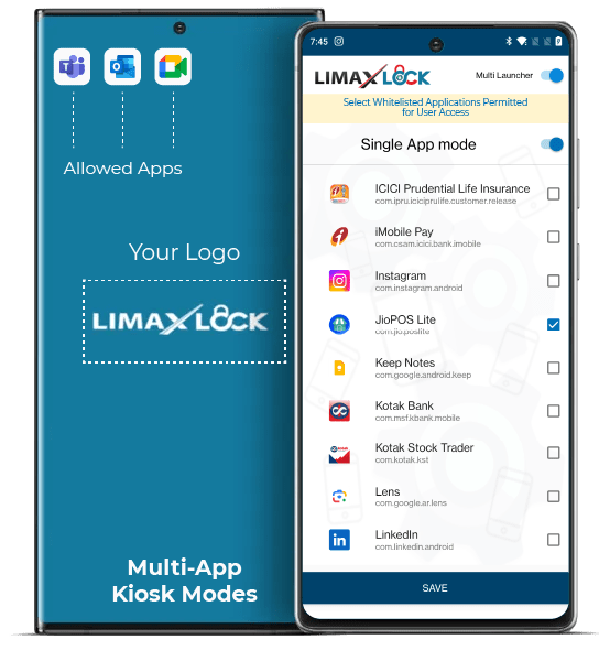 Two Android phones: one showing a branded multi-app launcher with only the allowed apps, the other the LimaxLock app-whitelist screen with single-app mode switched on.