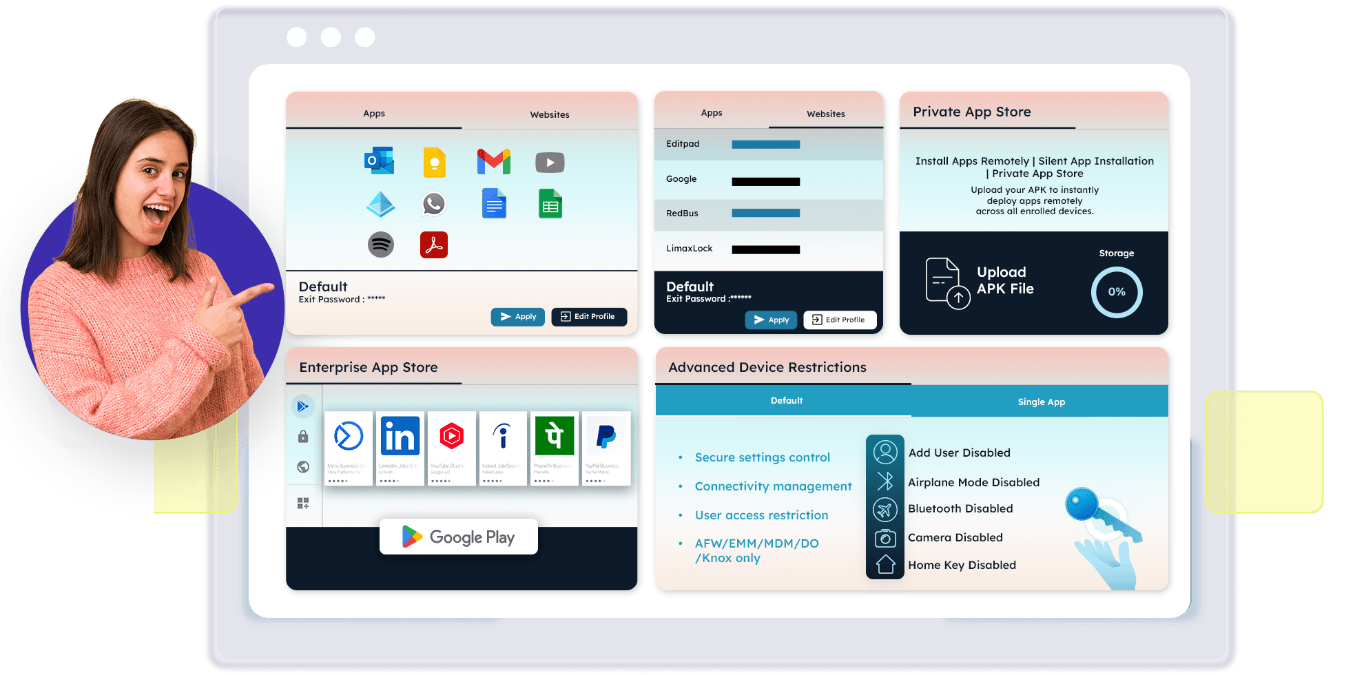 The LimaxLock Android MDM console: approved-app and website profiles with exit password, the Private and Enterprise app stores with silent APK deployment, and advanced device restrictions such as camera, Bluetooth and home-key disabled.
