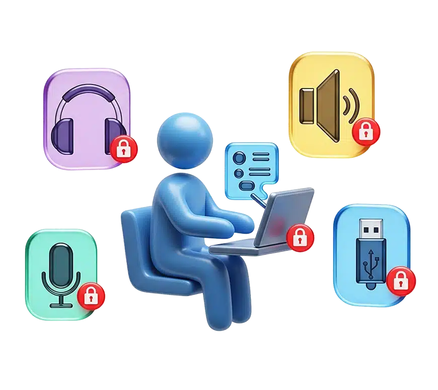 Headphones, speaker, microphone and USB icons each locked, beside a user at a laptop.