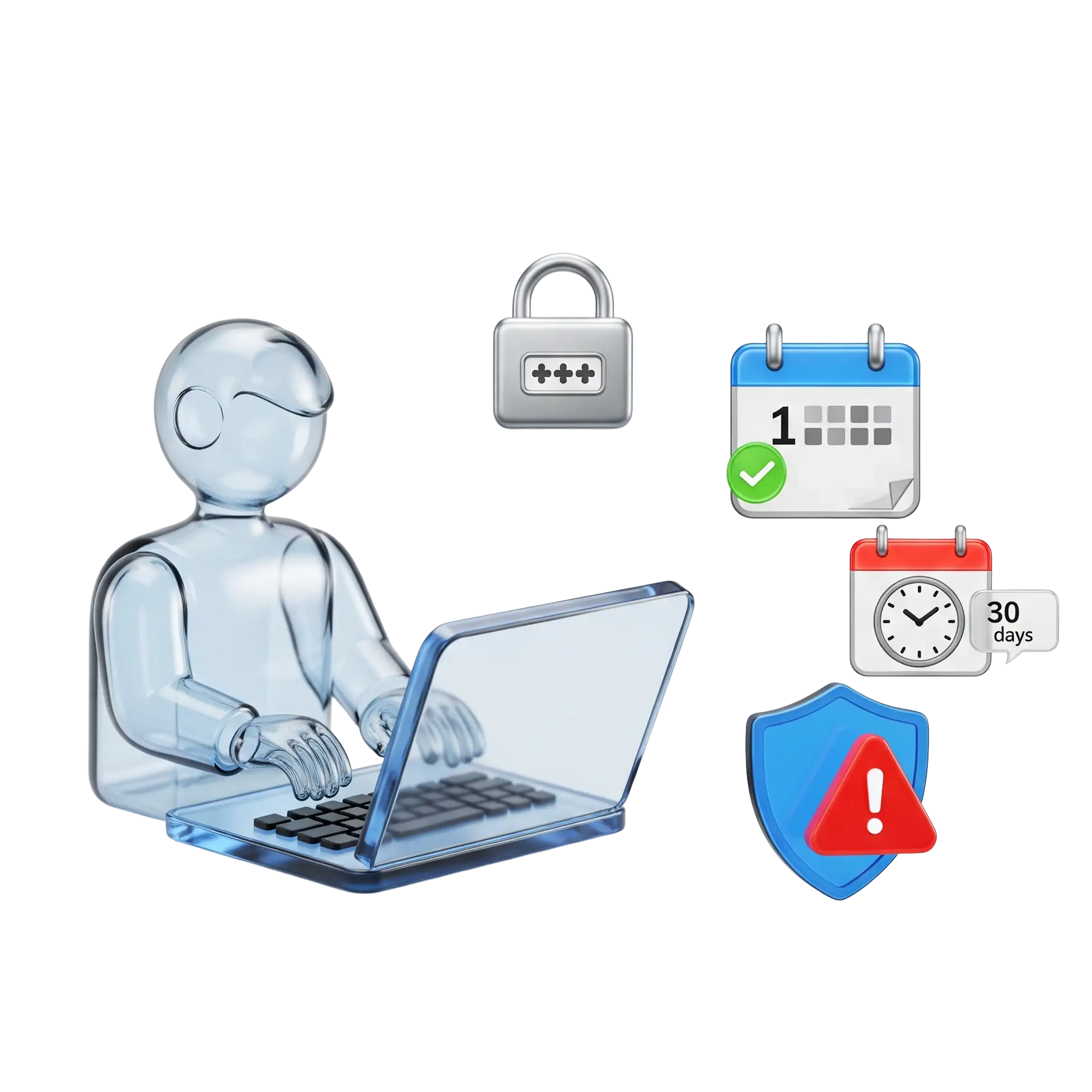A padlock, compliance calendar, a 30-day update delay clock and a security shield beside an administrator at a laptop.