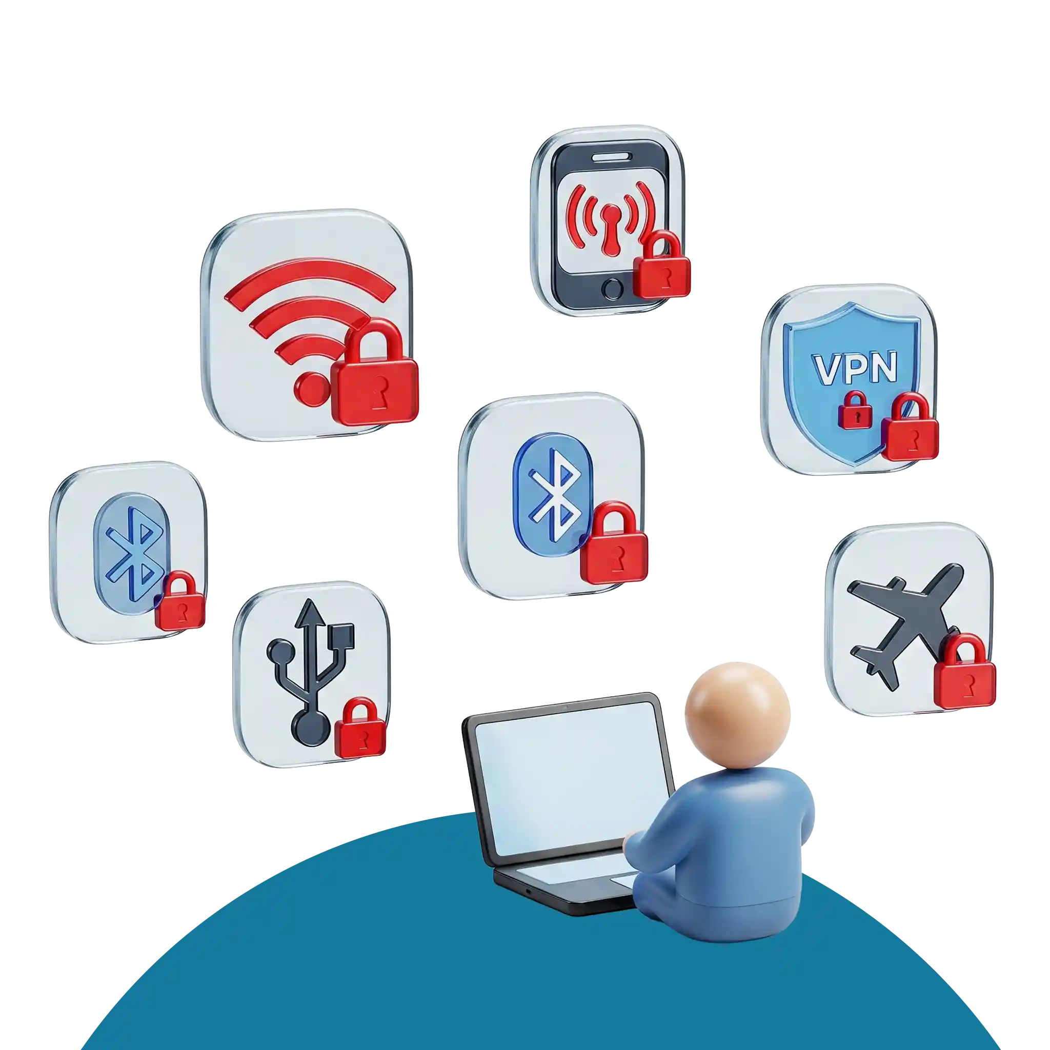 Wi-Fi, mobile hotspot, VPN, Bluetooth, USB transfer and airplane mode icons each carrying a padlock, above an administrator at a laptop.