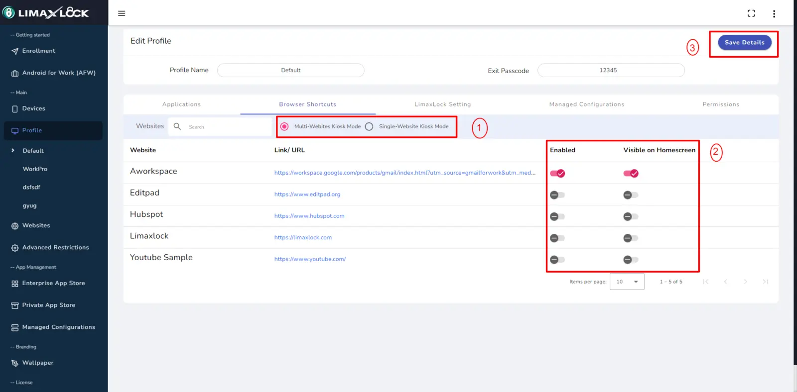 Applying a whitelisted website to all enrolled Android devices in LimaxLock